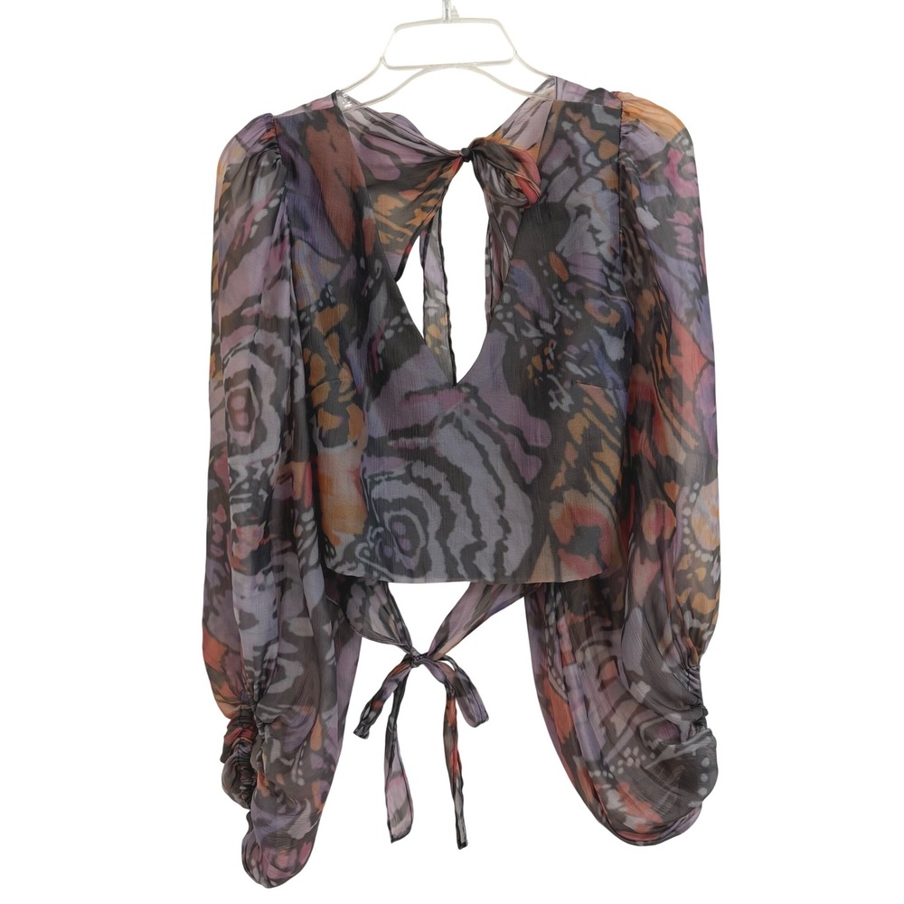 Hutch Hart Butterfly Print Open Back Crop Top Balloon Sleeve Purple Orange L - Picture 4 of 11